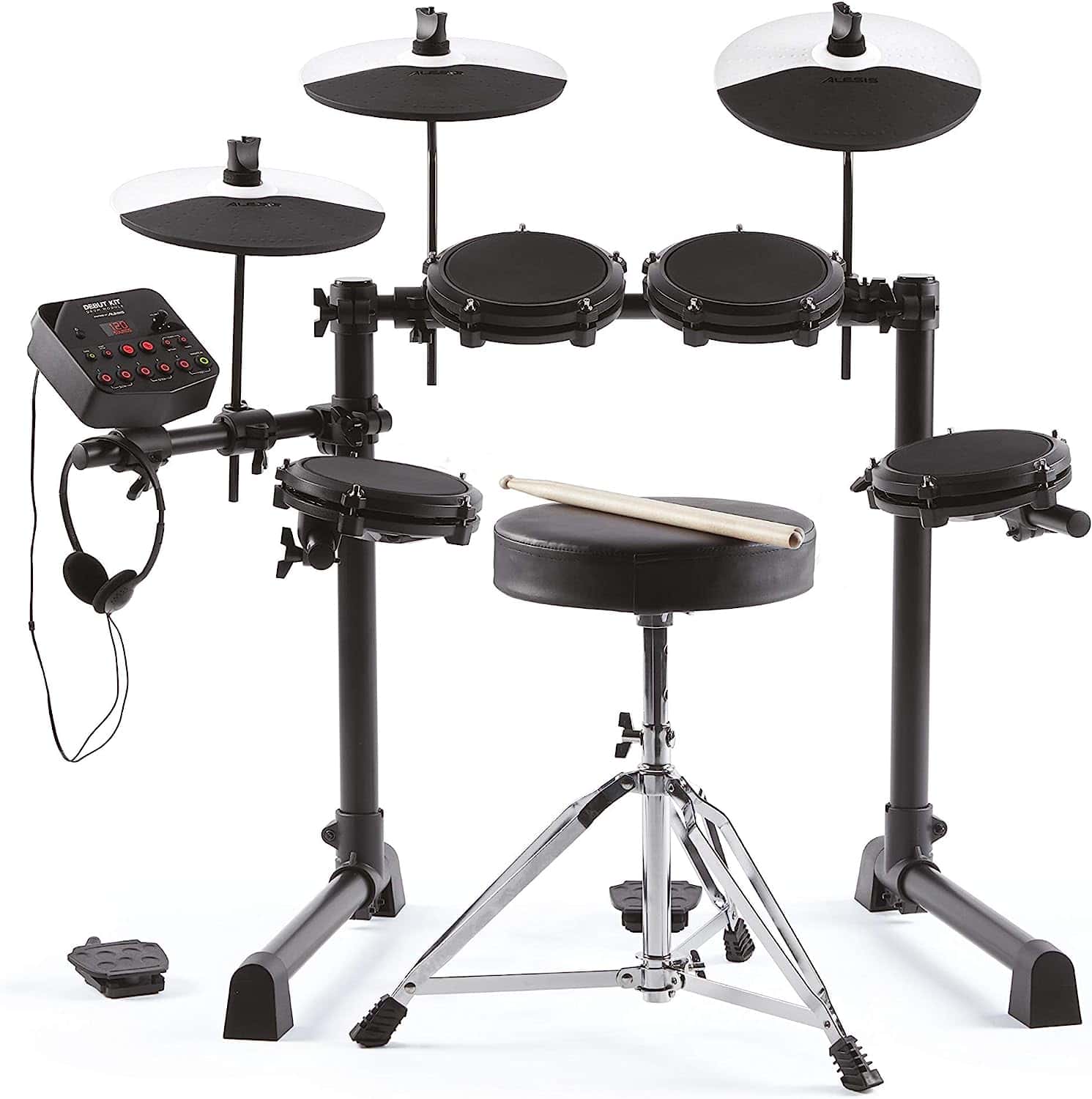 Alesis Drums Debut Kit – Kids Drum Set With 4 Quiet Mesh Electric Drum Pads, 120 Sounds, Drum Stool, Drum Sticks, Headphones and 60 Melodics Lessons, Black