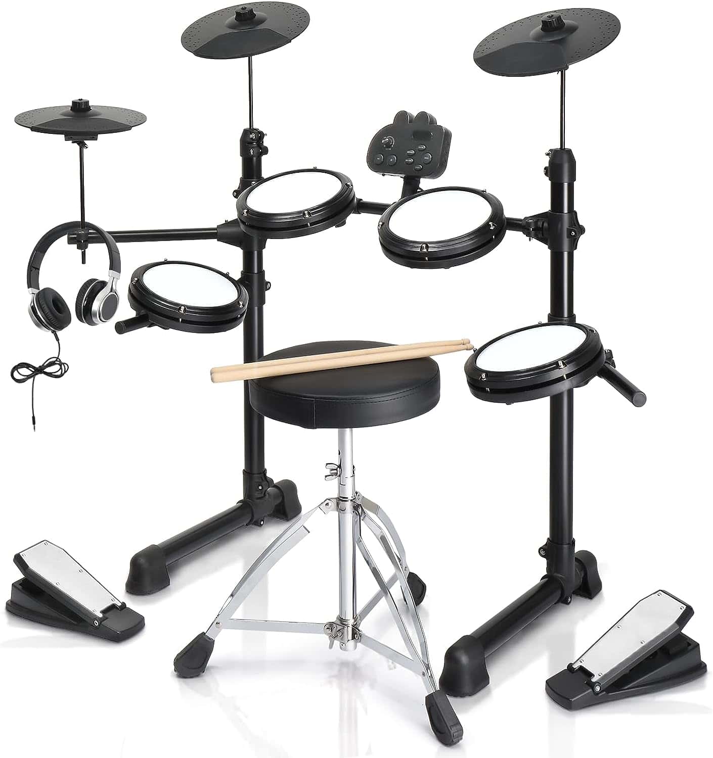 Ktaxon Electric Drum Set, Electronic Drum Set with Mesh Drum, Cymbals, Adjustable Throne, Headphones, Sticks, Pedals and Velcros, Electric Drums with 150 Sounds and 10 Demos for Beginner