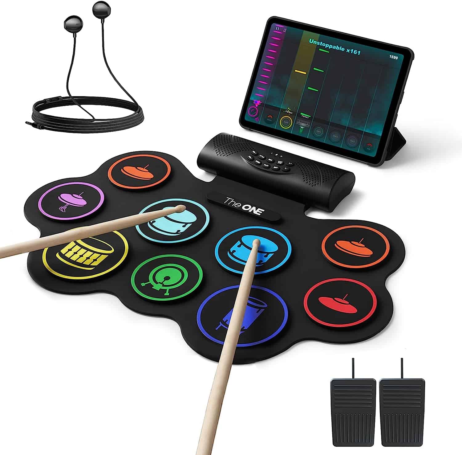 The ONE 9 Drum Pads Roll Up Drum Kit, Electronic Drum Set With Headphone, Free App, Built-in Speaker, Drum Sticks, Drum Pedals, Support Bluetooth MIDI/Recording, Great Holiday/Birthday Gift for Kids