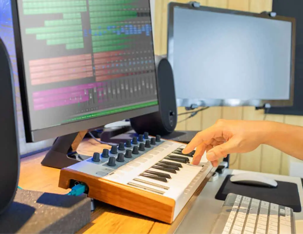 Music studio with MIDI keyboard.