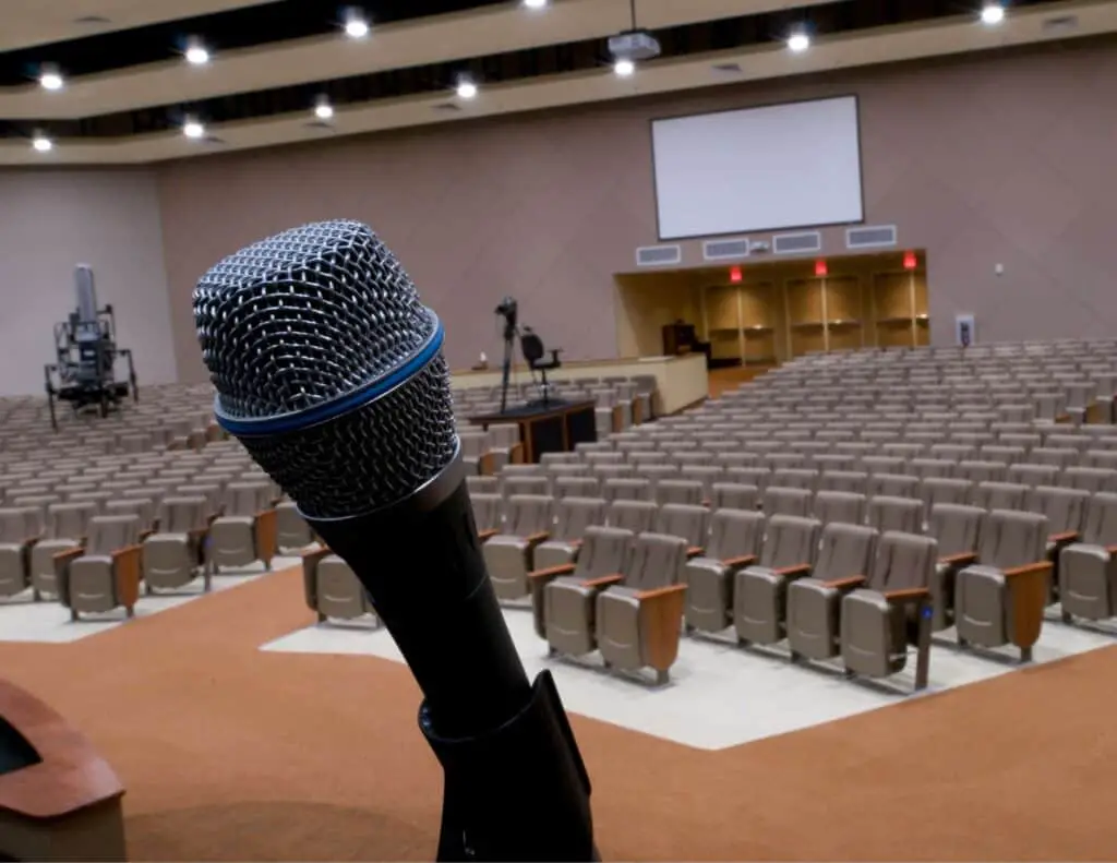 Wireless microphone on stage at a church.