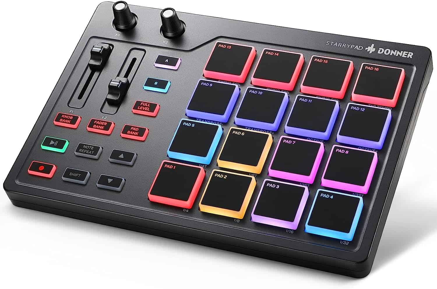 Donner MIDI Pad Beat Maker with 16 Beat Pads, 2 Assignable Fader  Knobs and Music Production Software Included, USB MIDI Pad Controller STARRYPAD with 40 Free Courses