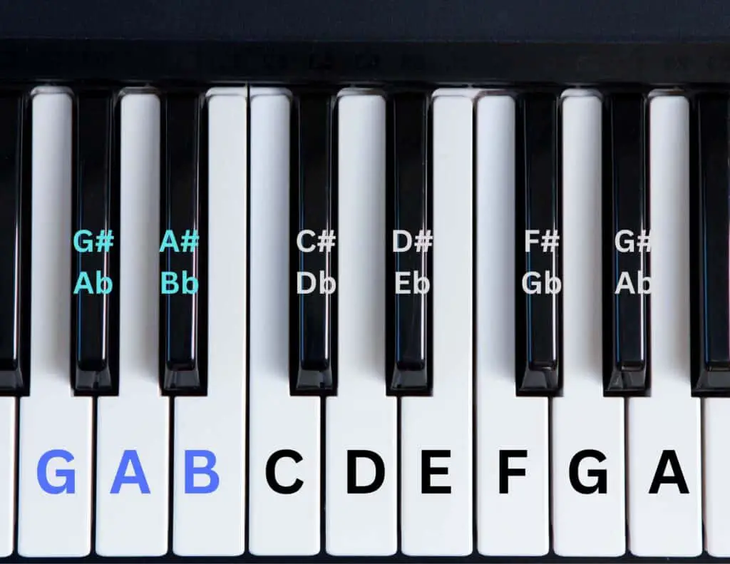 Piano Keyboard with White and Black Notes Labelled.